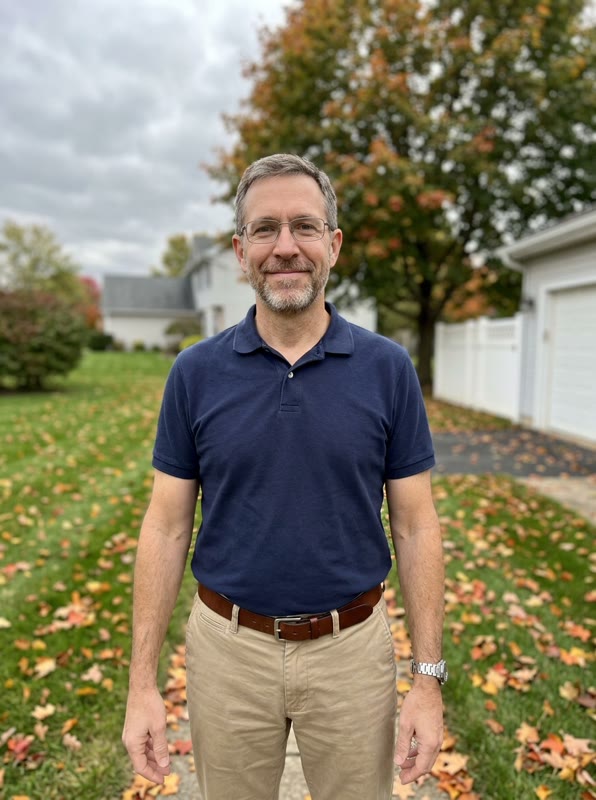 The single photo used: a front-yard photo of a dad in glasses, a navy polo and khakis (AI-generated person)