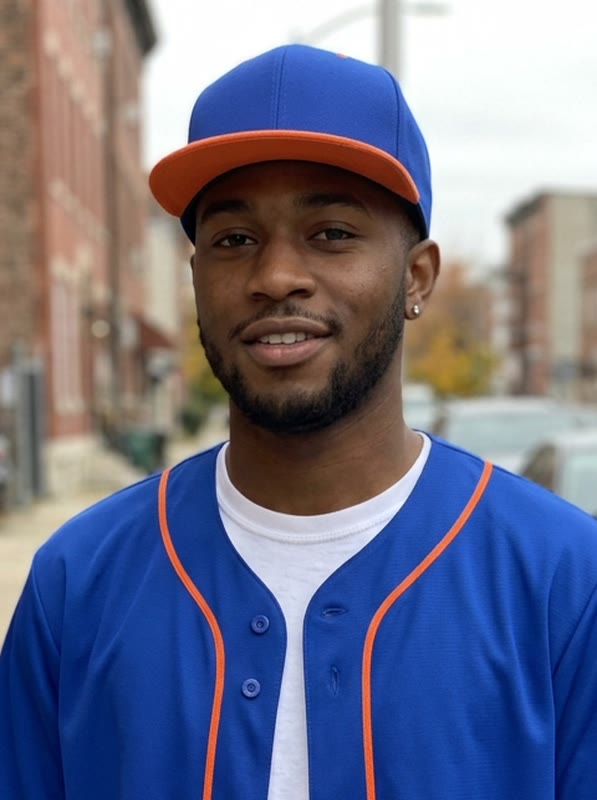 The single photo used: a street photo of a man in a blue ball cap and a blue-and-orange baseball jersey (AI-generated person)