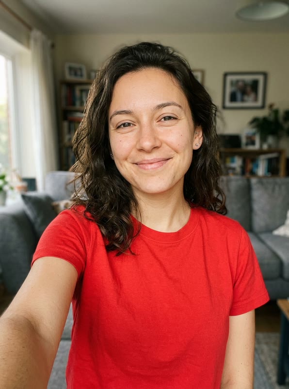 The single photo used: a selfie of a woman with dark curly hair in a red T-shirt (AI-generated person)